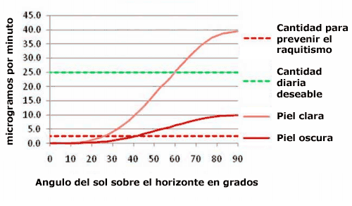 cantidades de vitamina D con 5 min. de exposición por tipo de piel y angulo solar